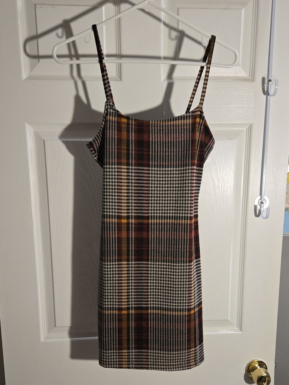 Polly & Esther Brown, Cream & Mustard Plaid Mini Dress